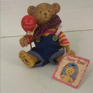 Russ Teddy Town Happy Birthday Bear with Red Balloon and Blue Overalls